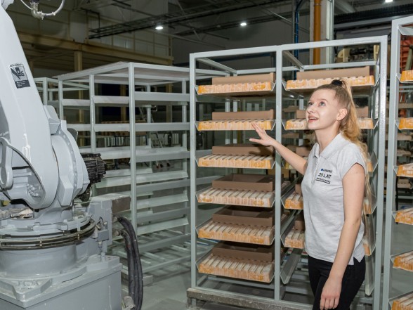 Patrycja Lechwar at work in the Polish ceramics plant in Włocławek