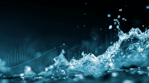 Wasserwellen auf einem dunkelblauen Hintergrund mit unscharfen Lichtpunkten und Diagrammlinien