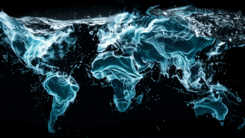 An aquamarine blue world map consisting of bright, water-like swirls on a black background.