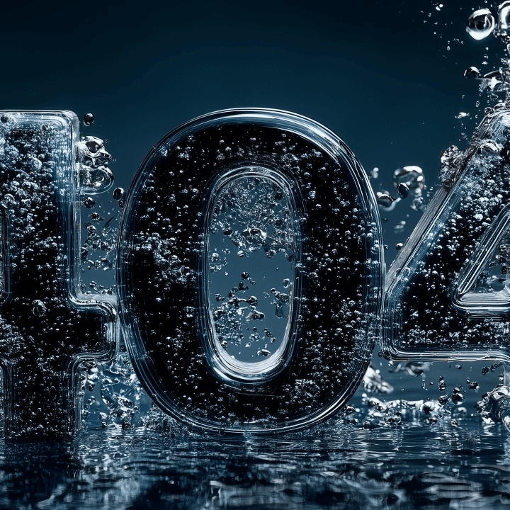 The numbers ‘404’ are formed from water and surrounded by water droplets.