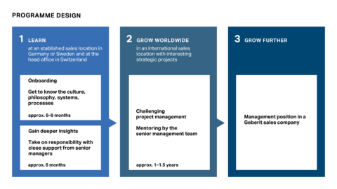 A diagram for programme design with three phases: learn, grow worldwide and grow further.