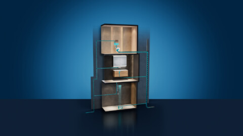 Schematische Darstellung einer Wasserversorgung über drei Stockwerke mit Toilette, Waschbecken und Duschablauf