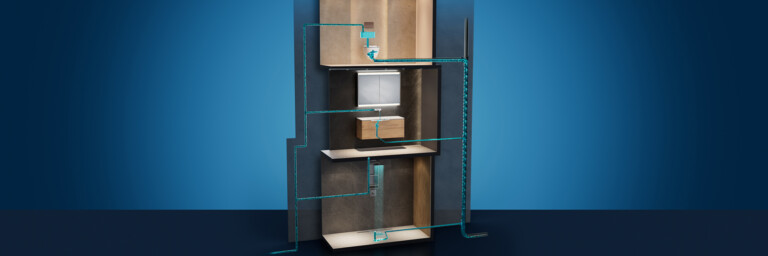 Schematische Darstellung einer Wasserversorgung über drei Stockwerke mit Toilette, Waschbecken und Duschablauf