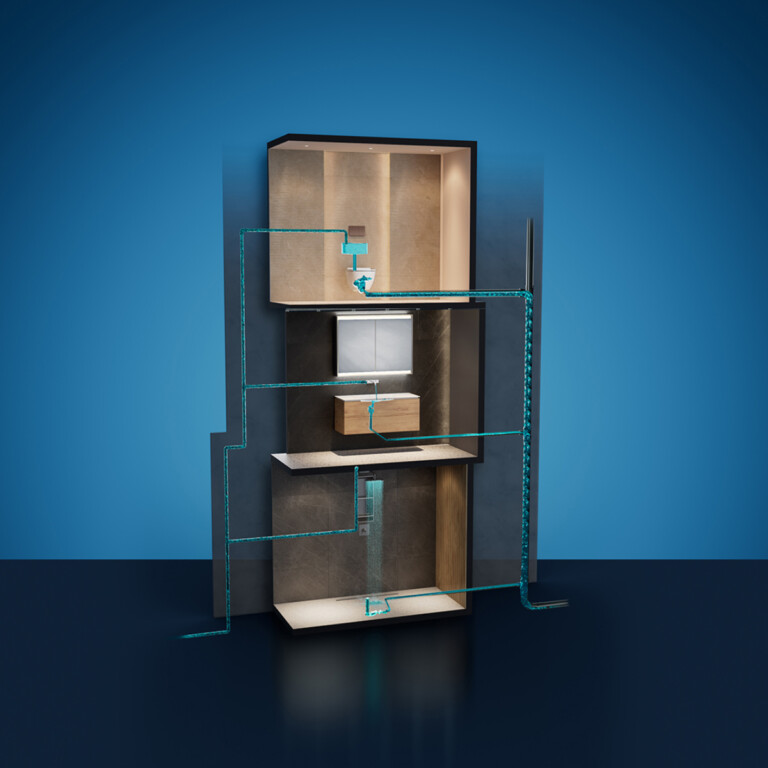 Schematische Darstellung einer Wasserversorgung über drei Stockwerke mit Toilette, Waschbecken und Duschablauf