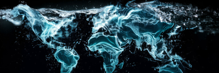 Eine Weltkarte, geformt aus wirbelndem, leuchtend blauem Wasser vor dunklem Hintergrund, die halb untergetaucht ist.