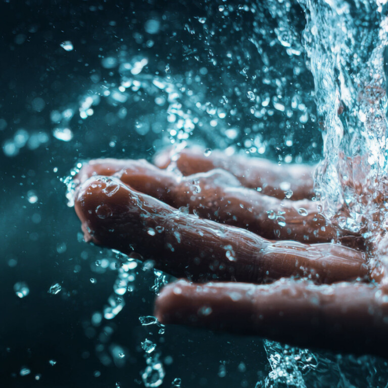 A human hand catching water as it pours down and splashes from above.