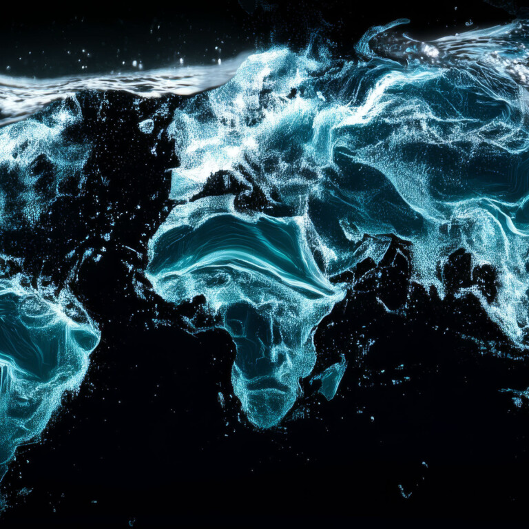 Eine Weltkarte, geformt aus wirbelndem, leuchtend blauem Wasser vor dunklem Hintergrund, die halb untergetaucht ist.