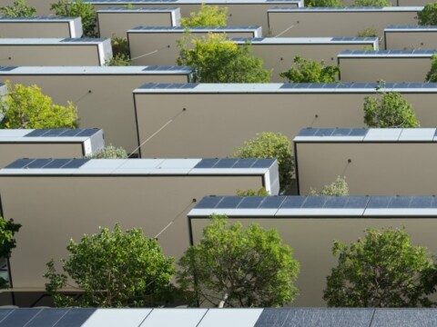 Nahaufnahme von dem Gebäude und den bepflanzten Balkonen.