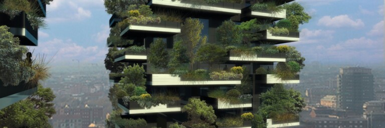 A futuristic green skyscraper featuring multiple balconies adorned with various plants and trees, set against a cloudy sky.