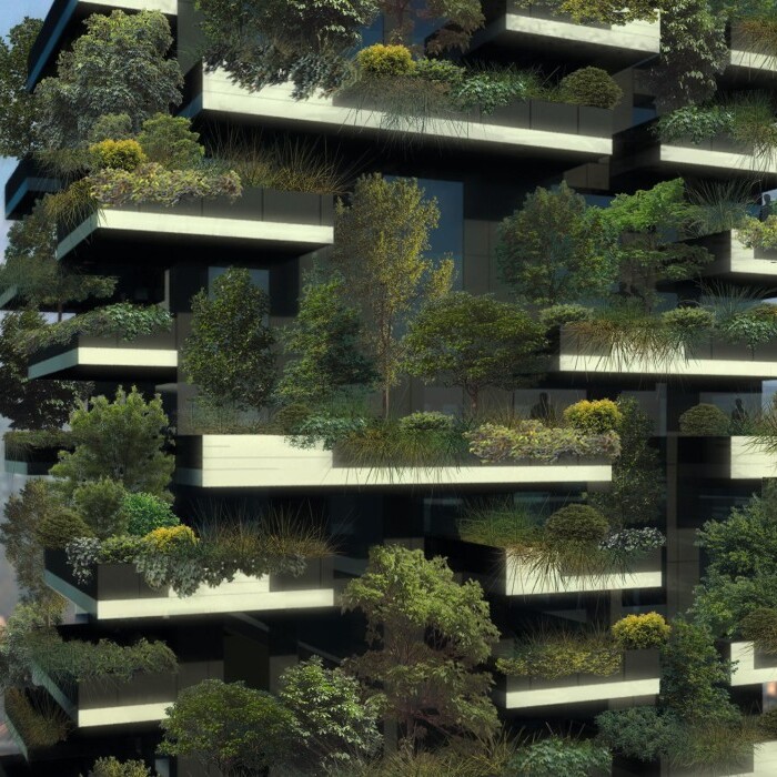 A futuristic green skyscraper featuring multiple balconies adorned with various plants and trees, set against a cloudy sky.