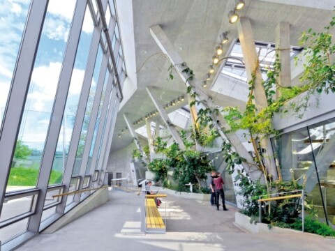 A modern, open interior space with large windows, concrete architecture, and greenery, featuring a walkway and a few people.
