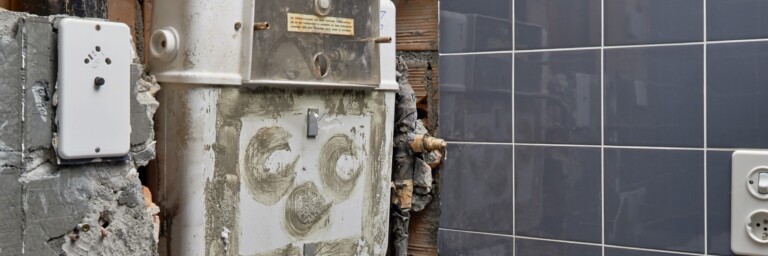 Eine Sicht auf eine unvollendete Wand mit Fliesen in einem Badezimmer.