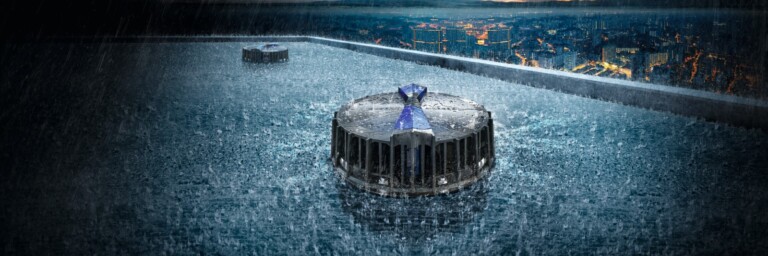 A roof drainage system surrounded by heavy rain, with dark clouds and a skyline in the background.