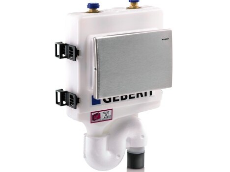 A white concealed toilet cistern with a chrome flush plate and plumbing connections.