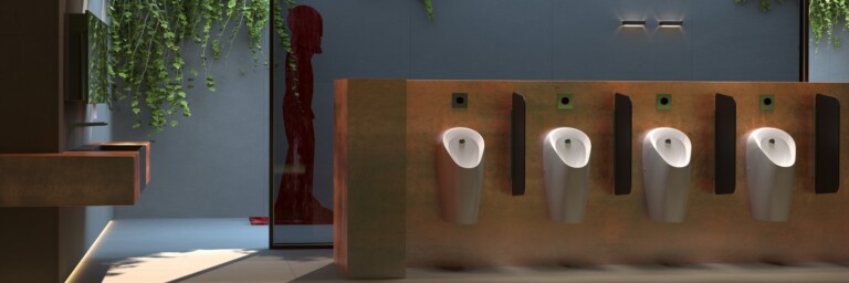 A modern bathroom interior featuring a row of four white urinals against a textured wall with greenery in the background.