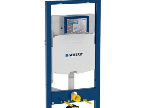 The Duofix installation system with blue frame and a cistern.