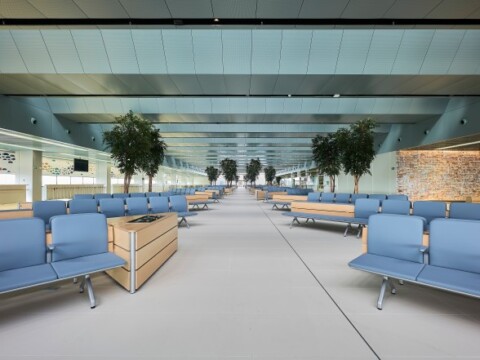 A spacious, modern waiting area featuring rows of blue seating, potted trees, and large glass windows.
