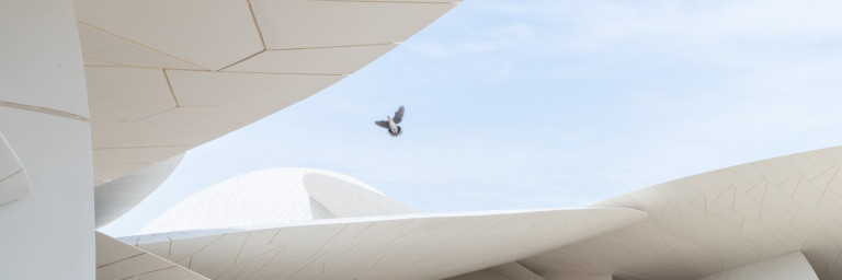 Ein moderner, architektonischer Komplex mit geschwungenen, weissen Strukturen und einem Vogel, der darüber fliegt.