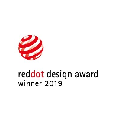 Red Dot Design Award logo featuring a red and white striped sphere with the text "reddot design award winner 2019".