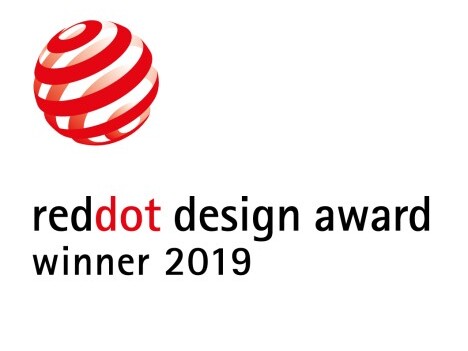 Red Dot Design Award logo featuring a red and white striped sphere with the text "reddot design award winner 2019".