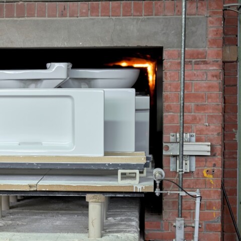 A large industrial kiln with several white porcelain fixtures, such as sinks and toilets, being heated inside a brick structure.