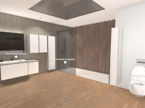 Moderne Badezimmergestaltung mit Holzfussboden, Dusche, Waschbecken und Toilette.