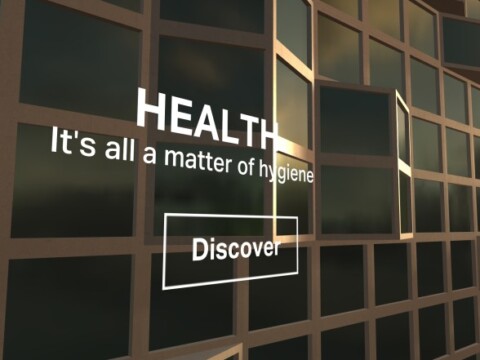 Ein modernes, strukturiertes Wanddisplay mit dem Text "HEALTH" und der Botschaft "It's all a matter of hygiene", begleitet von einem Button zum Entdecken.