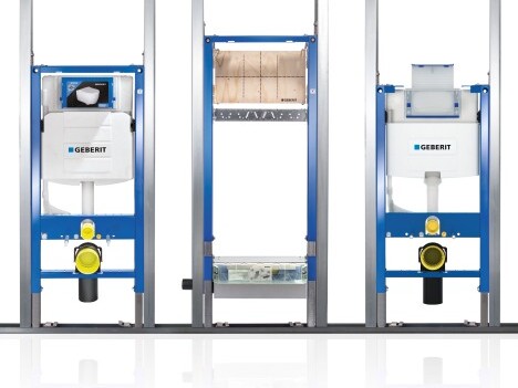 Three Geberit Duofix examples and visible plumbing connections.