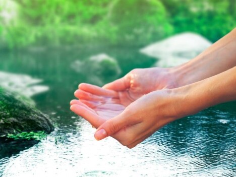 Hände, die Wasser aus einem klaren Gewässer schöpfen, umgeben von grüner Natur.