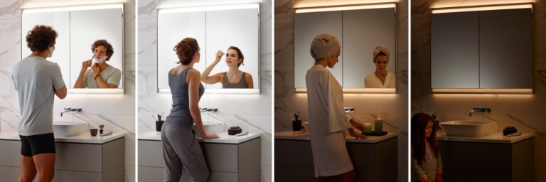 Eine moderne Badezimmer-Szene mit vier verschiedenen Personen, die sich vor einem beleuchteten Spiegel auf verschiedene Weisen fertig machen.