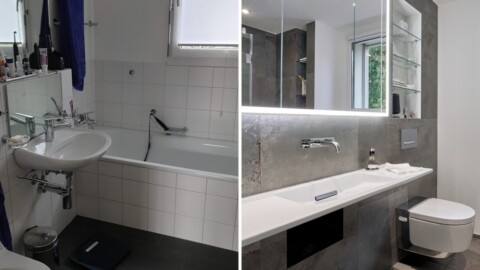 Zwei Badezimmeransichten: links ein älteres Bad mit Badewanne und Waschbecken, rechts ein modernes Bad mit schwebendem WC und stilvollem Waschbecken.
