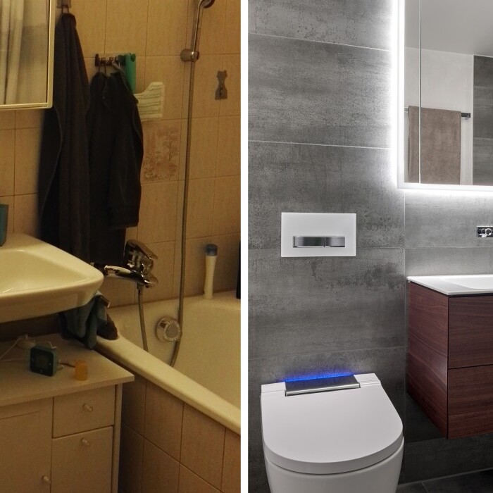 Zwei Badezimmer im Vergleich: links ein älteres, kleines Bad mit Fliesen und einer Badewanne, rechts ein modernes, elegantes Bad mit Holzschrank und beleuchtetem Spiegel.