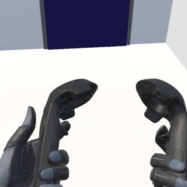 Eine Person hält zwei Controller vor einer blauen Türe.