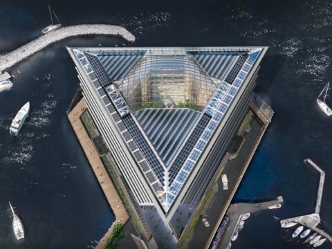 A bird's eye view of the new headquarters of the pharmaceutical company Ferring Pharmaceuticals.