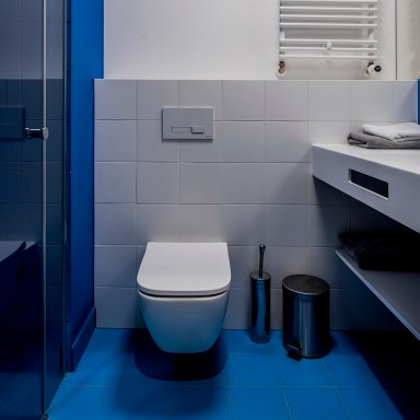Modern bathroom featuring a blue accent wall, a white toilet, glass shower, and minimalistic design elements.