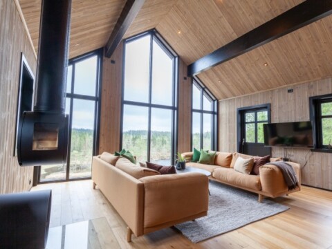 Heller, moderner Wohnraum mit grossen Fenstern, Holzverkleidung und gemütlichem Sofa.
