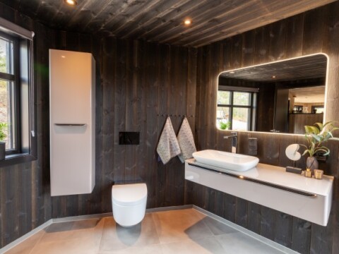 Moderne Badezimmerausstattung mit Holzverkleidung, Waschbecken, Spiegel und Toilette.