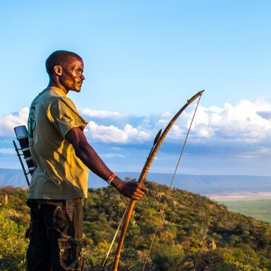A person standing on a rocky outcrop with a bow, overlooking a vast landscape under a blue sky with clouds.