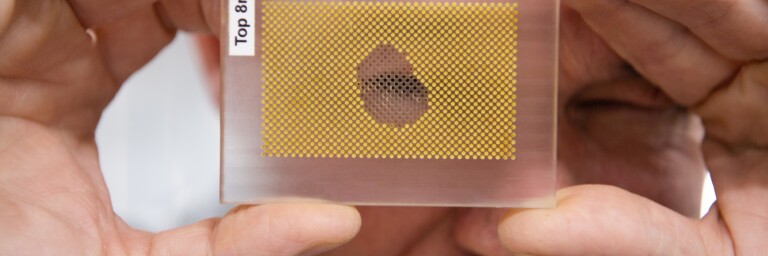 Eine Person hält eine transparente Platte mit einer gelb gepunkteten Oberfläche und einem Loch in der Mitte.