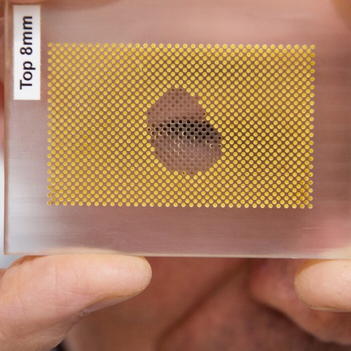 Eine Person hält eine transparente Platte mit einer gelb gepunkteten Oberfläche und einem Loch in der Mitte.