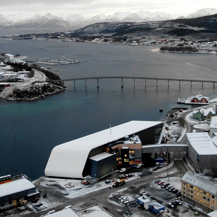 Luftaufnahme einer schneebedeckten Küstenstadt mit einem Fjord, einer Brücke und Bergen im Hintergrund.