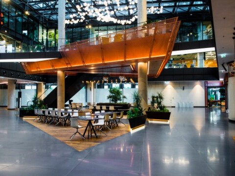 A modern indoor space featuring a wooden dining area with chairs, surrounded by greenery and illuminated by overhead lights.