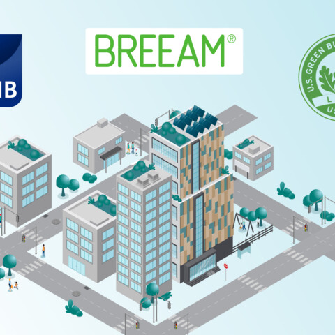 An illustrated urban scene featuring buildings, trees, and pathways, with logos for DGNB, BREEAM, and USGBC prominently displayed.