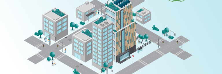 Eine grafische Darstellung einer Stadt mit modernen Gebäuden, die Zertifizierungen wie DGNB, BREEAM und das US Green Building Council-Logo zeigt.