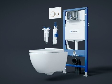 A modern wall-hung toilet system, including a toilet bowl, cistern, and flush plate, displayed against a dark background.