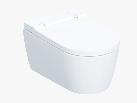 Modern white toilet with a curved design and a closed lid.