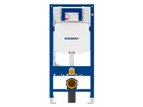 A Duofix frame in blue, showcasing plumbing connections and a cistern.