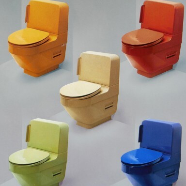 Five toilets in different colors: yellow, red, beige, green, and blue against a gray background.
