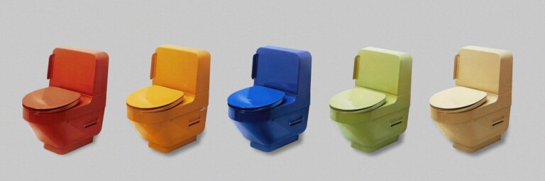 Five colorful toilets arranged in a row, including red, orange, blue, green, and beige.