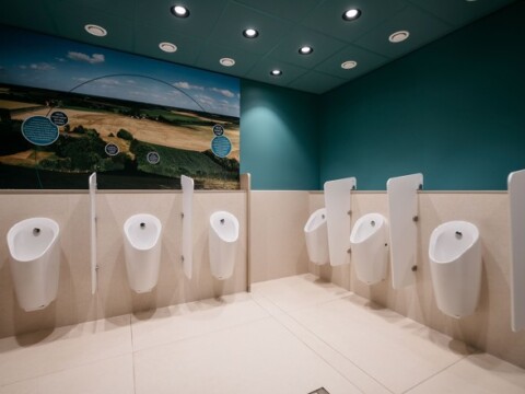 A modern men's restroom featuring six white urinals arranged in a row against a teal wall with a landscape mural.